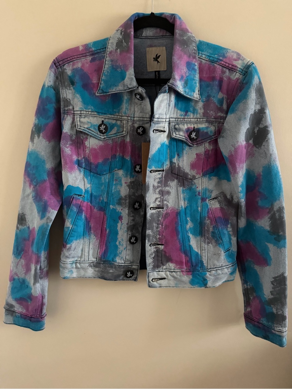 New! One Teaspoon Multicolor Painted Denim Jean Jacket - Blue, Purple, Gray